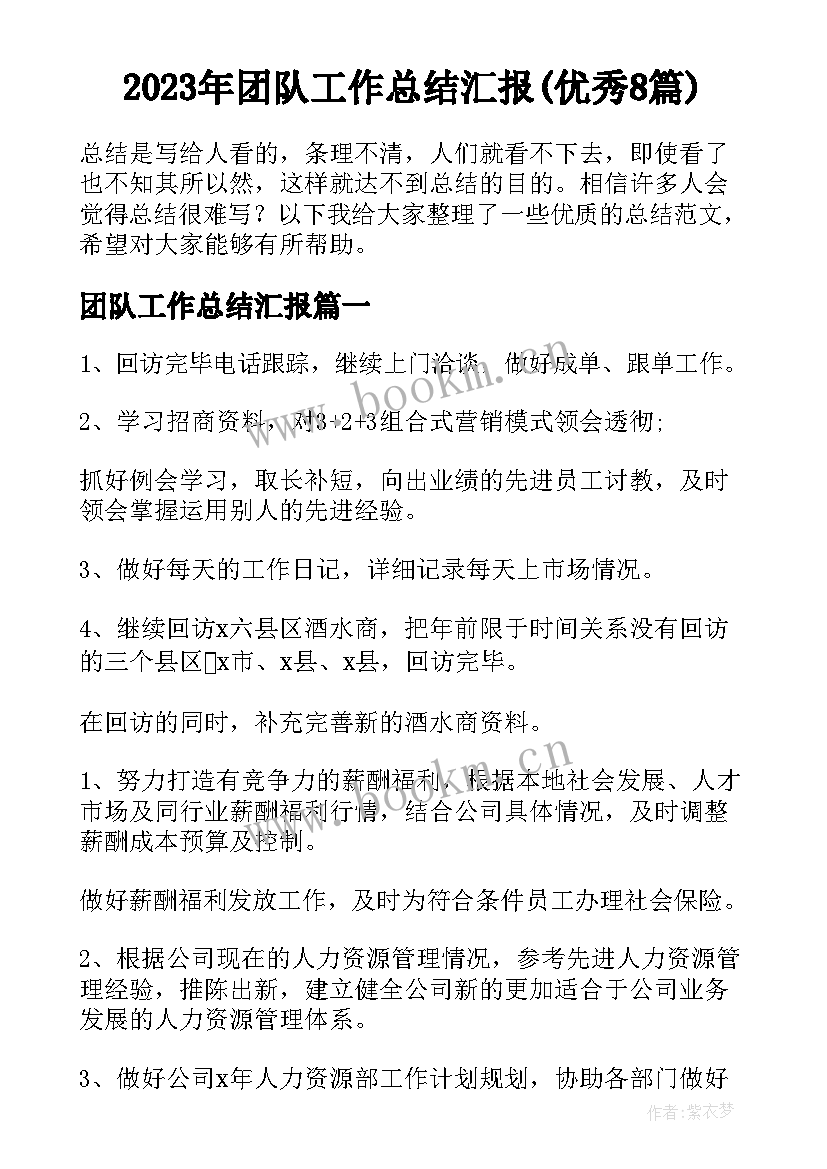 2023年团队工作总结汇报(优秀8篇)