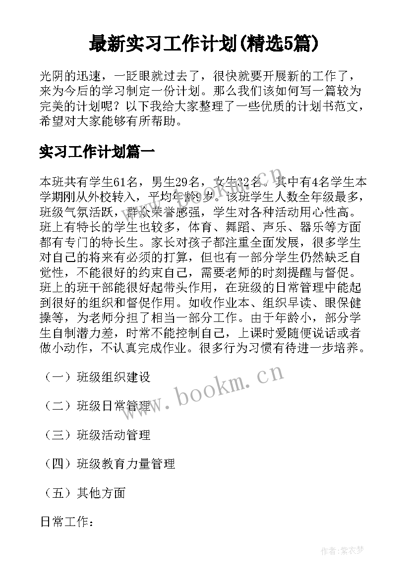 最新实习工作计划(精选5篇)