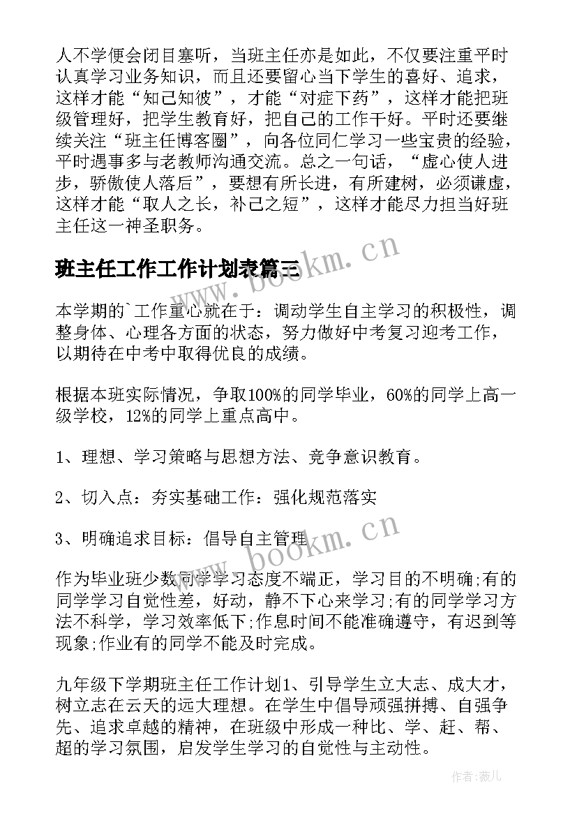 2023年班主任工作工作计划表(通用6篇)