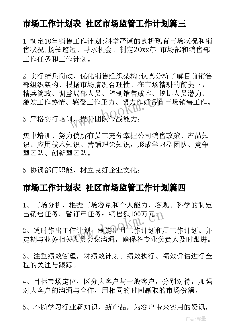 最新市场工作计划表 社区市场监管工作计划(模板10篇)