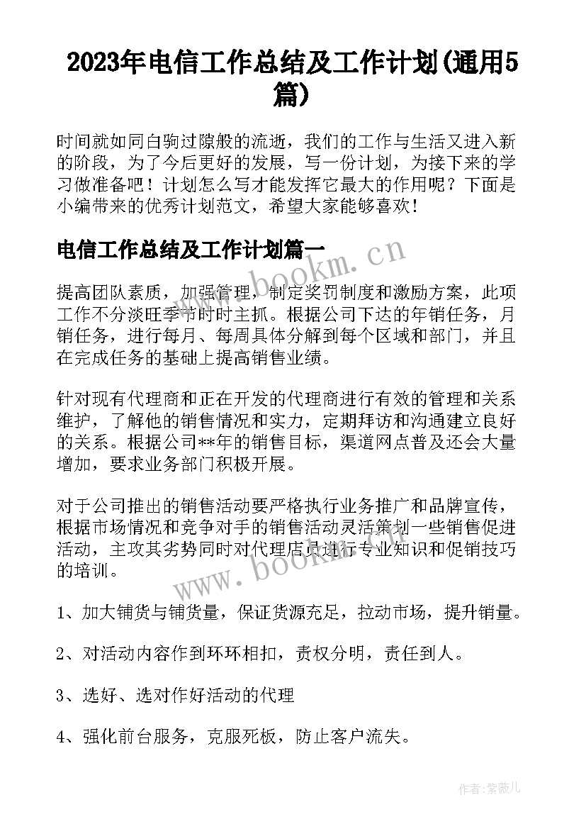 2023年电信工作总结及工作计划(通用5篇)