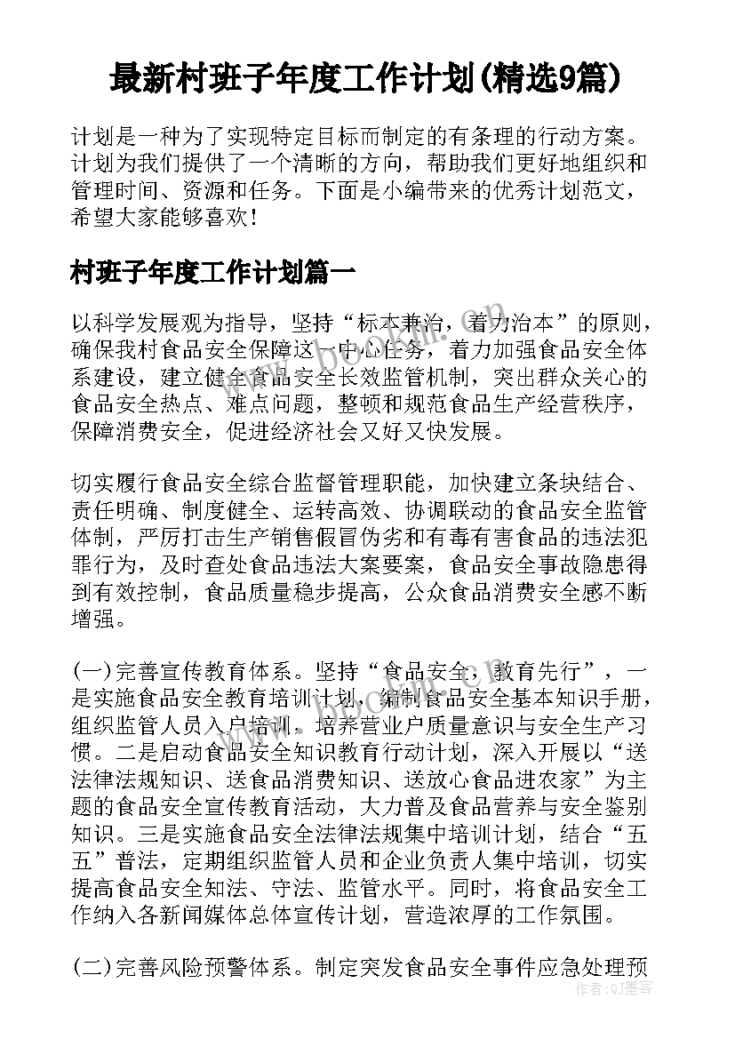 最新村班子年度工作计划(精选9篇)