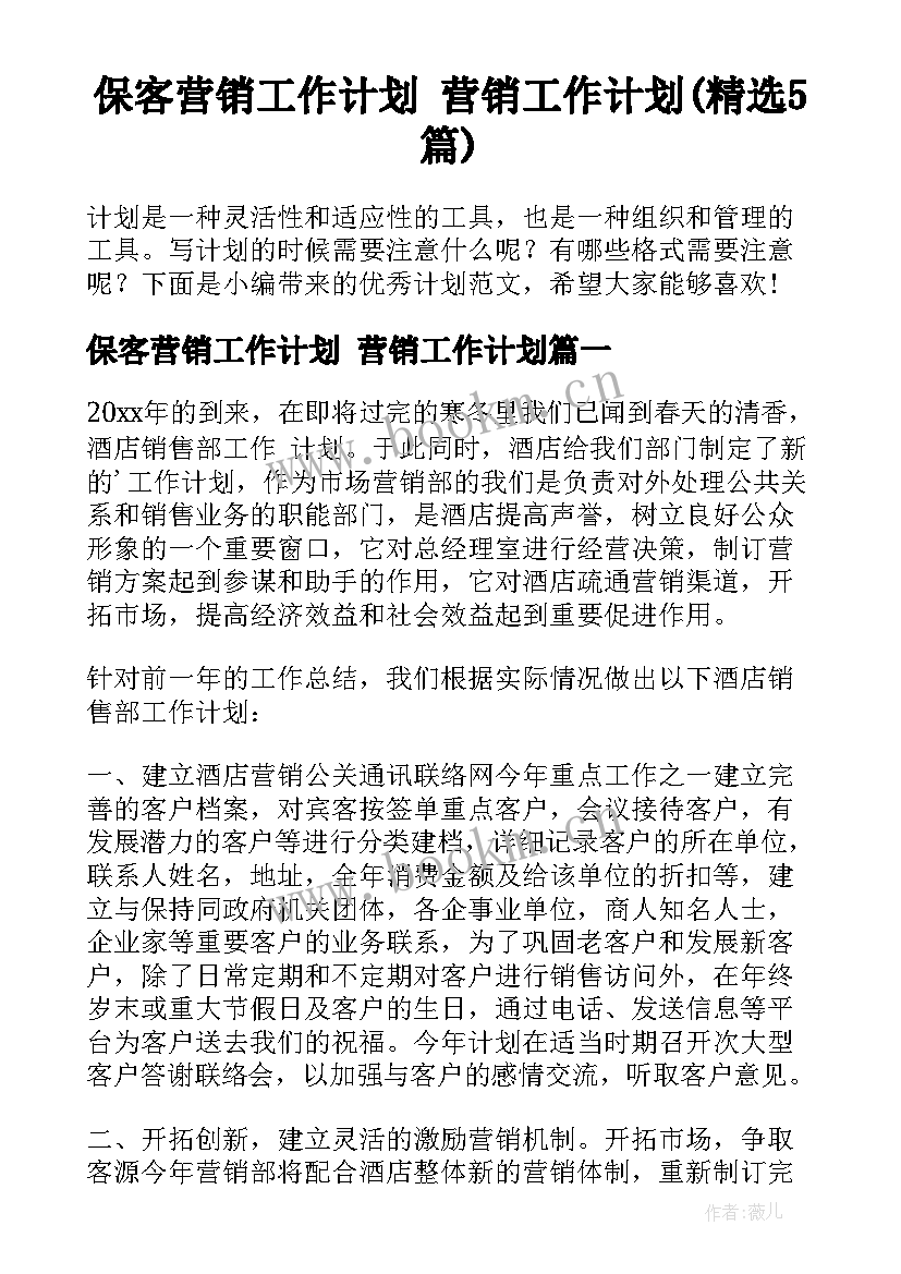 保客营销工作计划 营销工作计划(精选5篇)