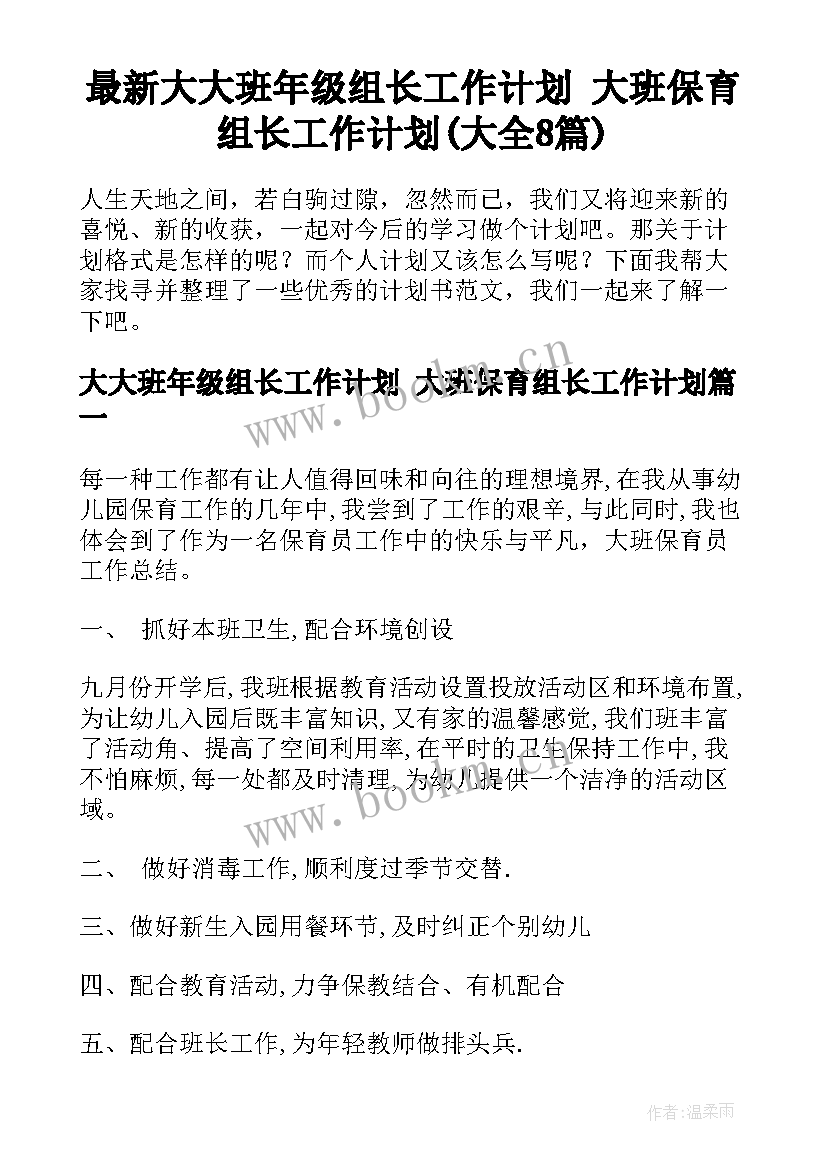 最新大大班年级组长工作计划 大班保育组长工作计划(大全8篇)