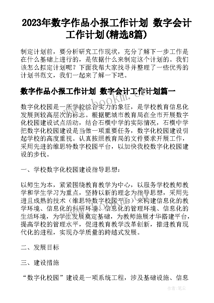 2023年数字作品小报工作计划 数字会计工作计划(精选8篇)