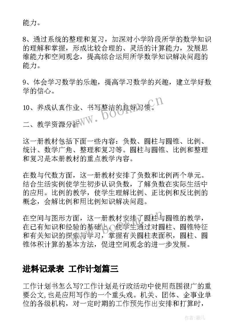 2023年进料记录表 工作计划(通用7篇)