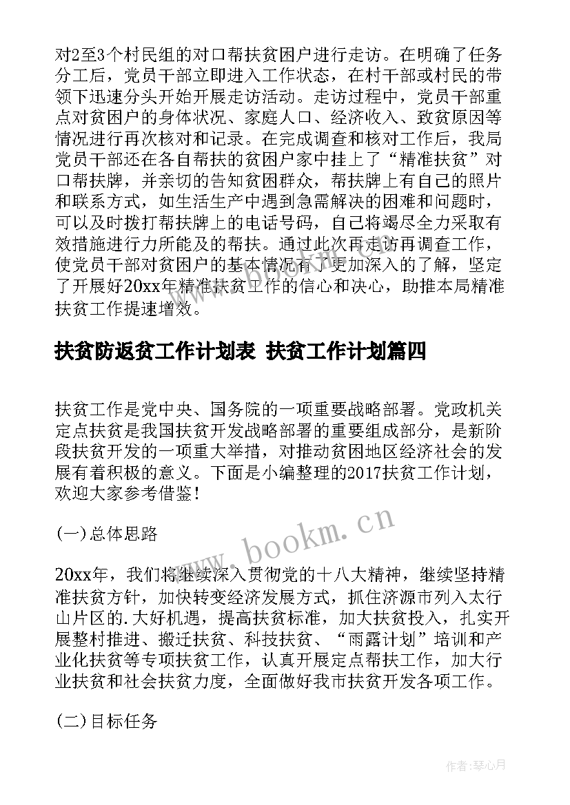 扶贫防返贫工作计划表 扶贫工作计划(实用5篇)