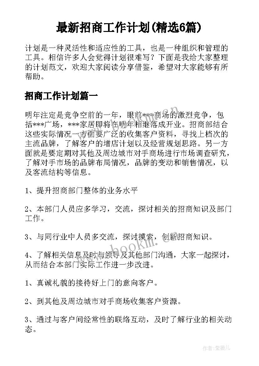 最新招商工作计划(精选6篇)