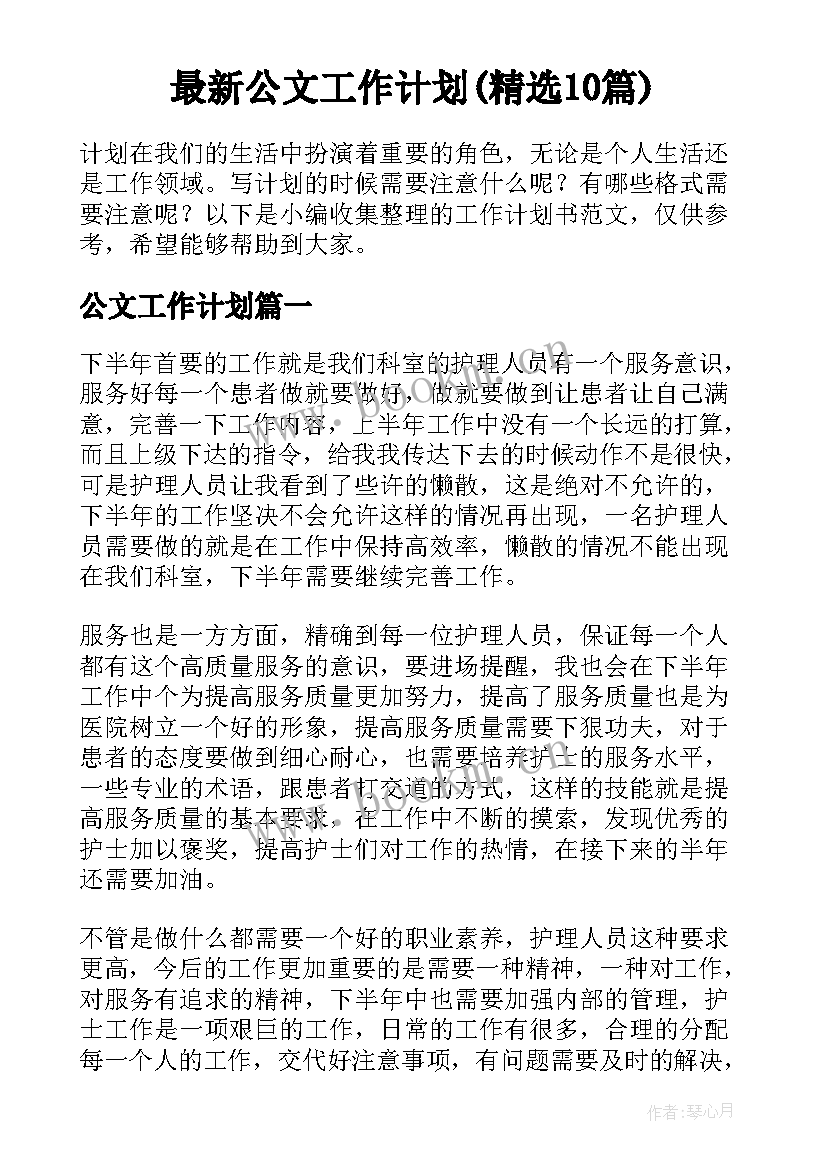 最新公文工作计划(精选10篇)