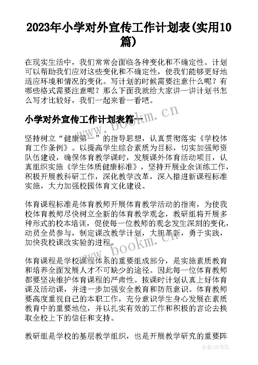 2023年小学对外宣传工作计划表(实用10篇)