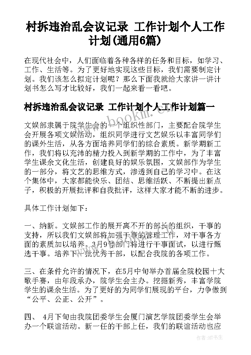 村拆违治乱会议记录 工作计划个人工作计划(通用6篇)