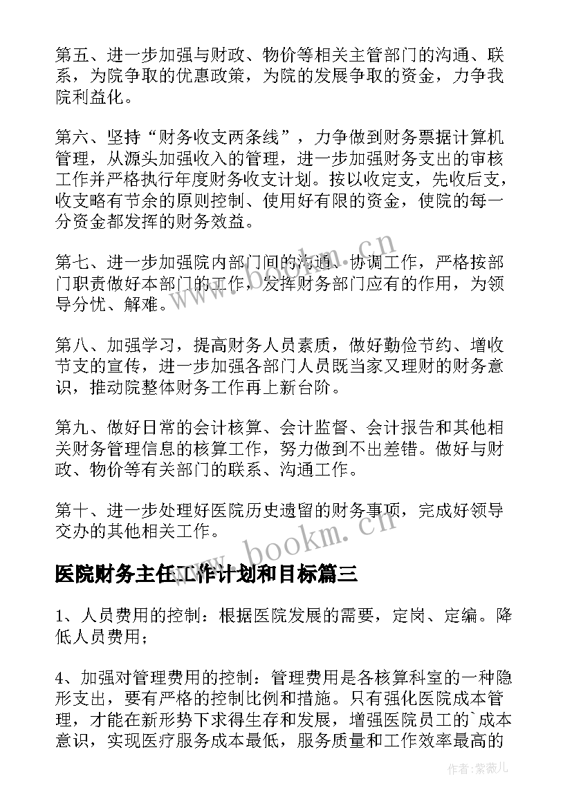 医院财务主任工作计划和目标(精选6篇)