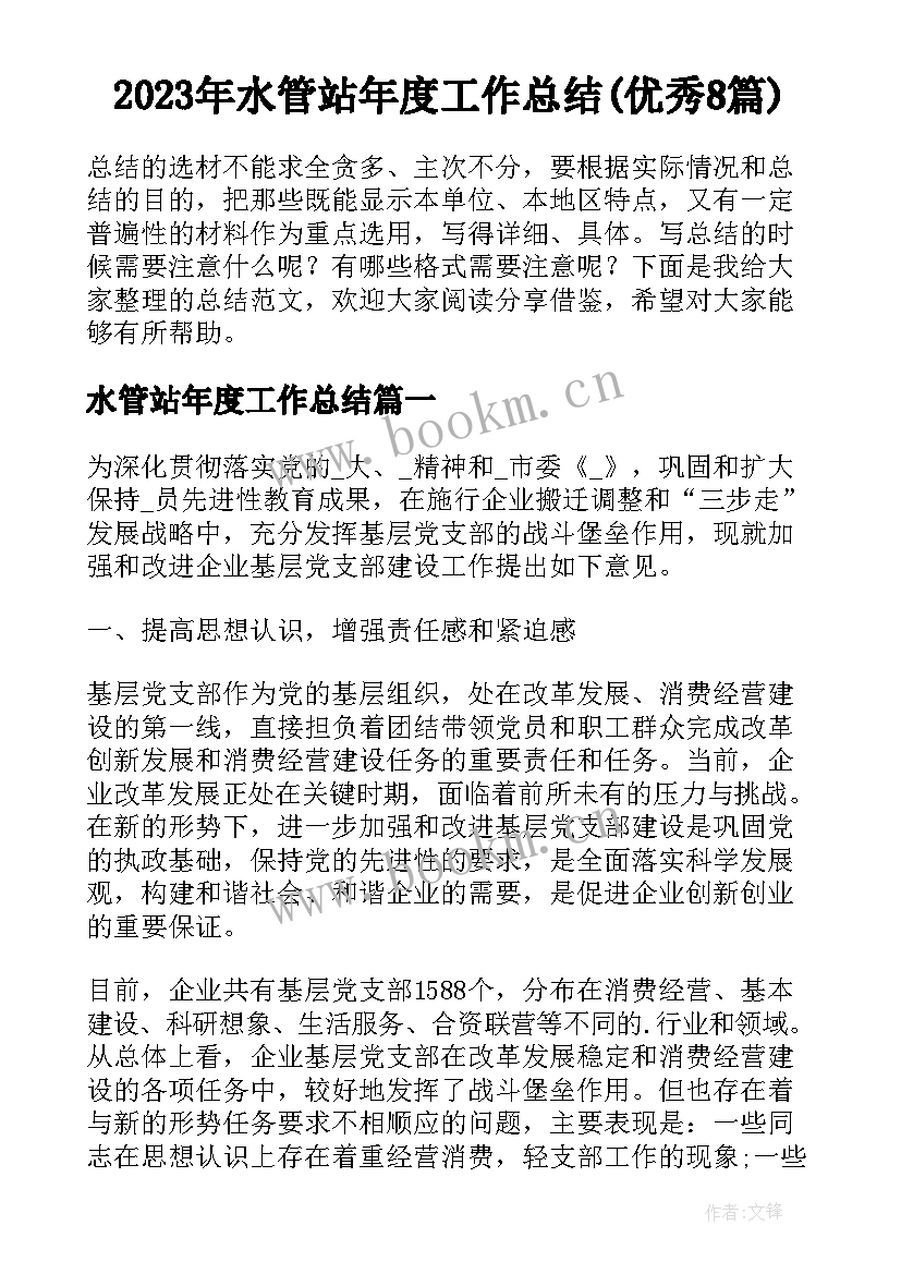 2023年水管站年度工作总结(优秀8篇)