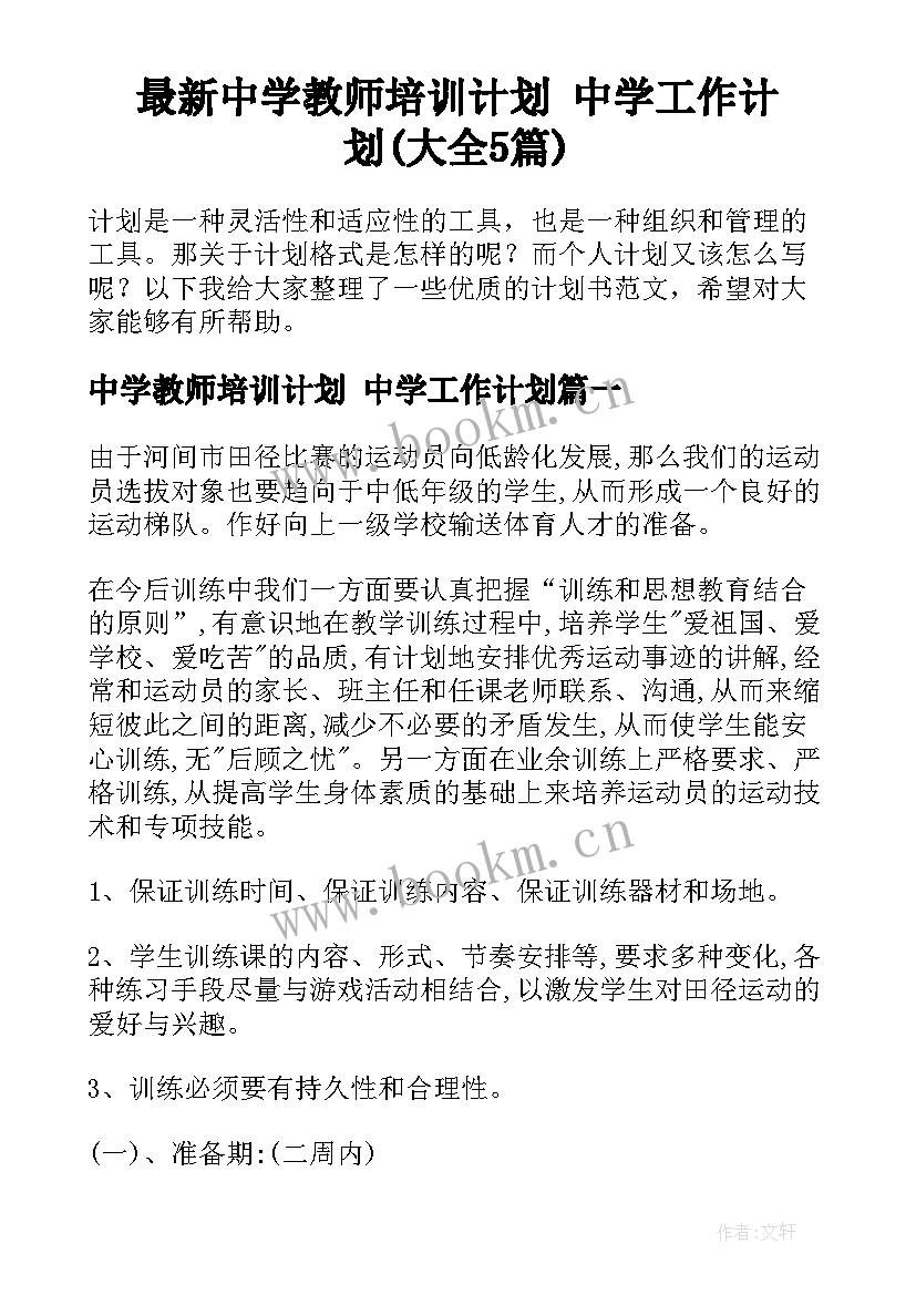 最新中学教师培训计划 中学工作计划(大全5篇)