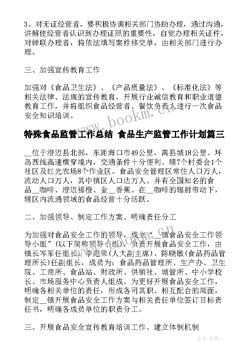 特殊食品监管工作总结 食品生产监管工作计划(优质9篇)