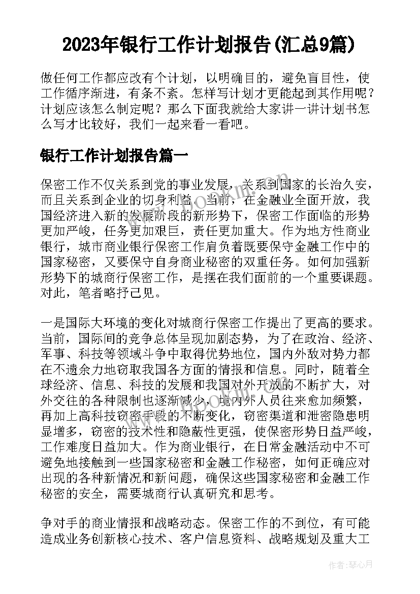 2023年银行工作计划报告(汇总9篇)