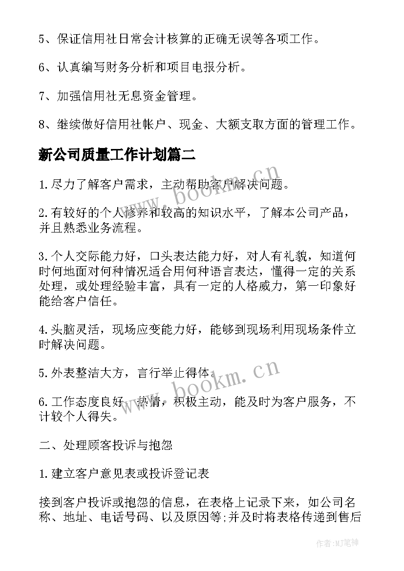 最新新公司质量工作计划(模板10篇)