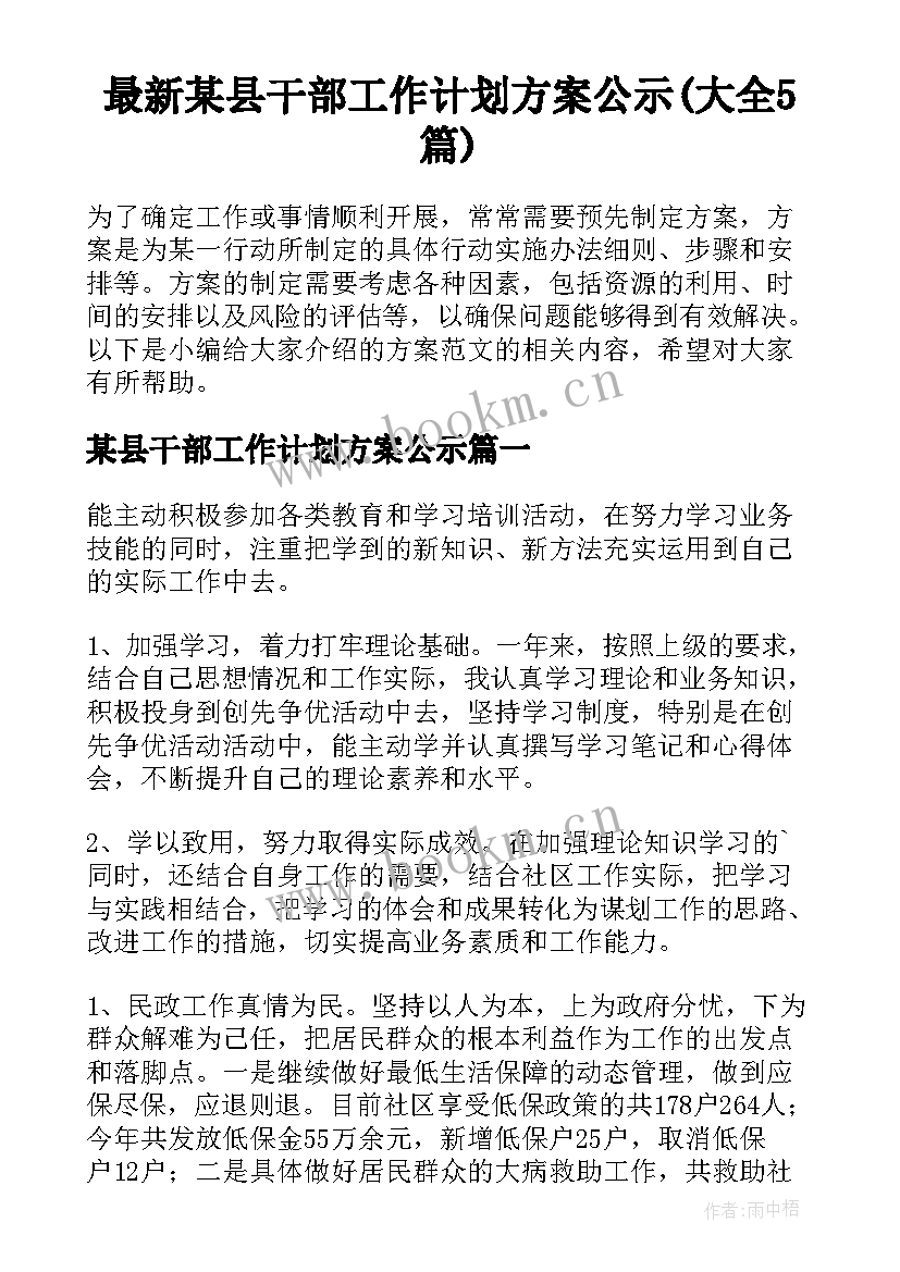 最新某县干部工作计划方案公示(大全5篇)