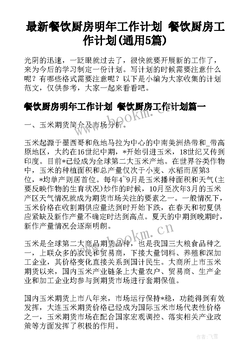 最新餐饮厨房明年工作计划 餐饮厨房工作计划(通用5篇)