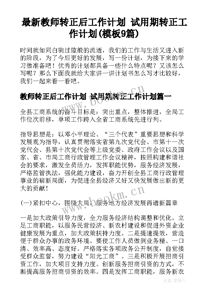 最新教师转正后工作计划 试用期转正工作计划(模板9篇)