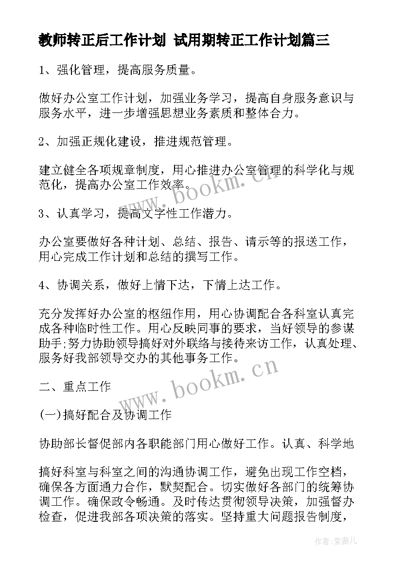 最新教师转正后工作计划 试用期转正工作计划(模板9篇)