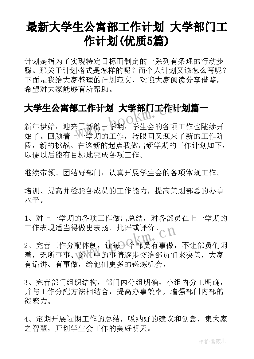 最新大学生公寓部工作计划 大学部门工作计划(优质5篇)