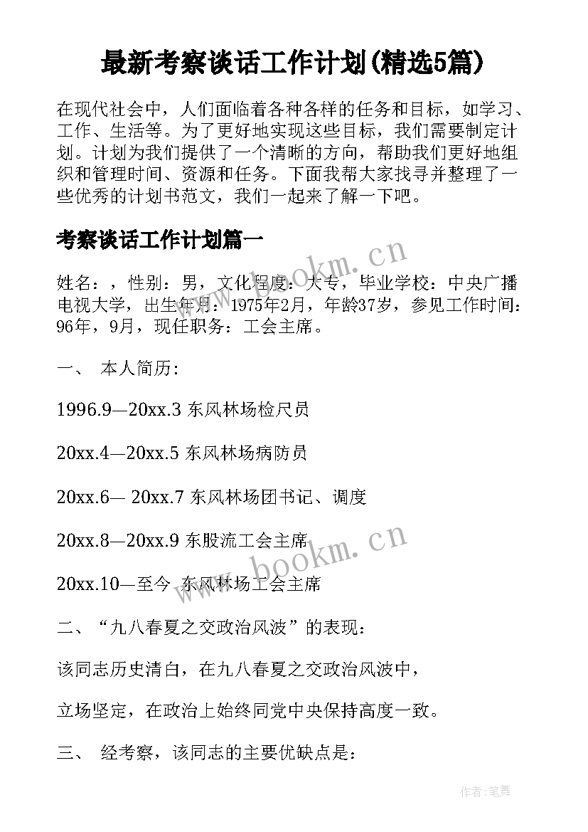 最新考察谈话工作计划(精选5篇)