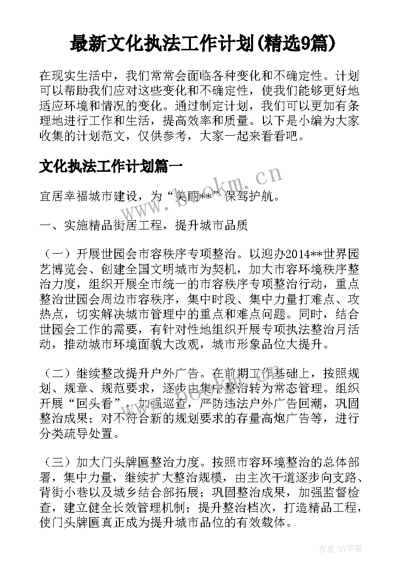 最新文化执法工作计划(精选9篇)