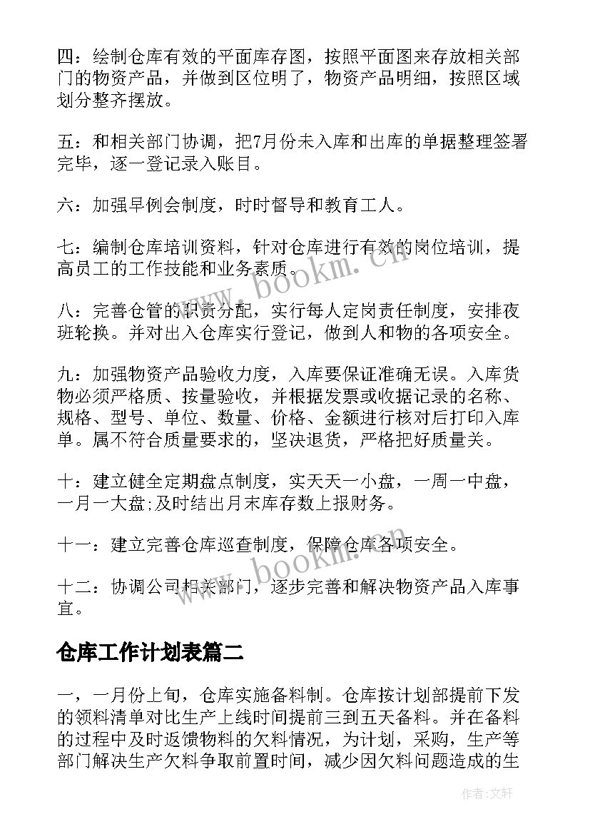 仓库工作计划表(优质5篇)