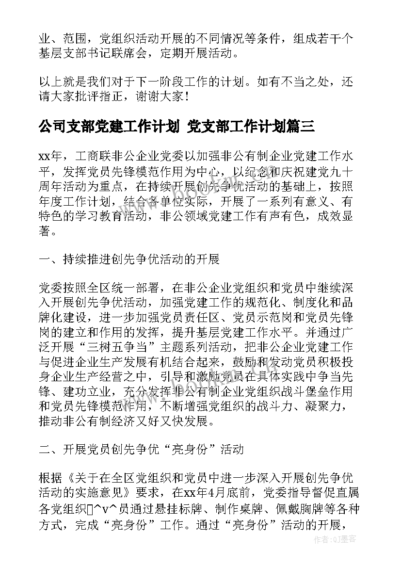 公司支部党建工作计划 党支部工作计划(大全9篇)