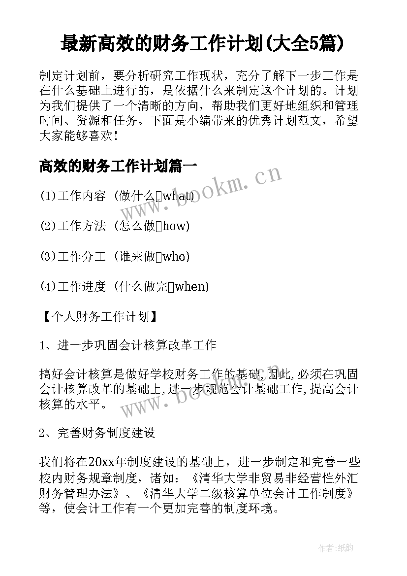 最新高效的财务工作计划(大全5篇)