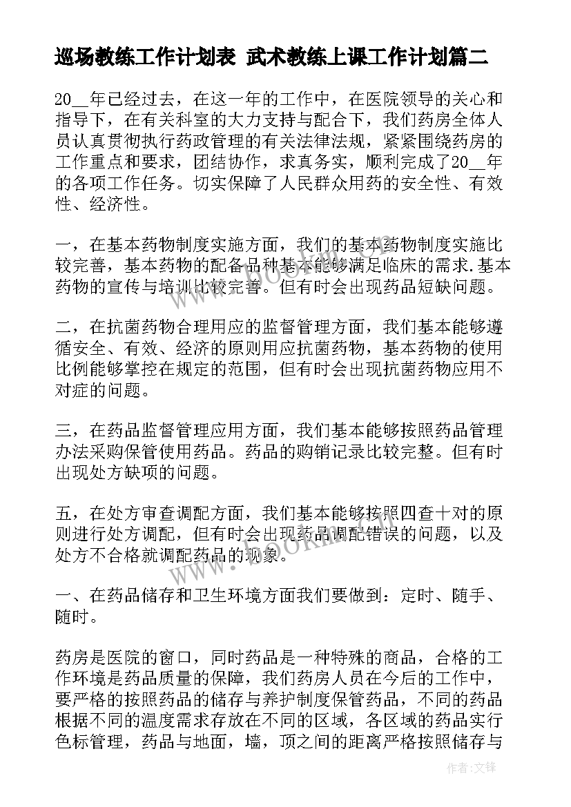 巡场教练工作计划表 武术教练上课工作计划(通用7篇)