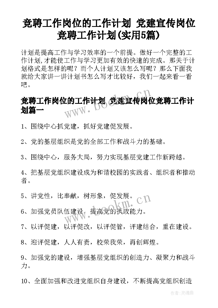 竞聘工作岗位的工作计划 党建宣传岗位竞聘工作计划(实用5篇)