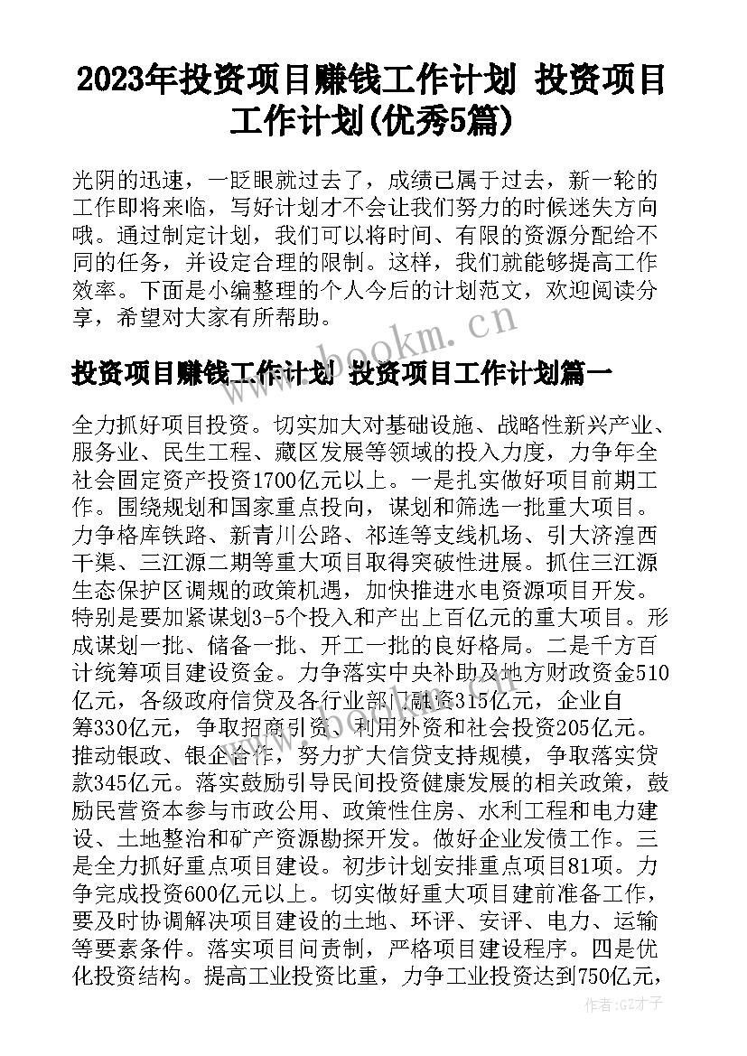 2023年投资项目赚钱工作计划 投资项目工作计划(优秀5篇)