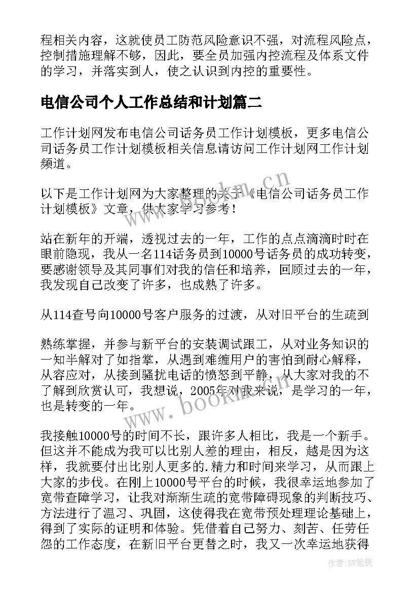 电信公司个人工作总结和计划(优质5篇)