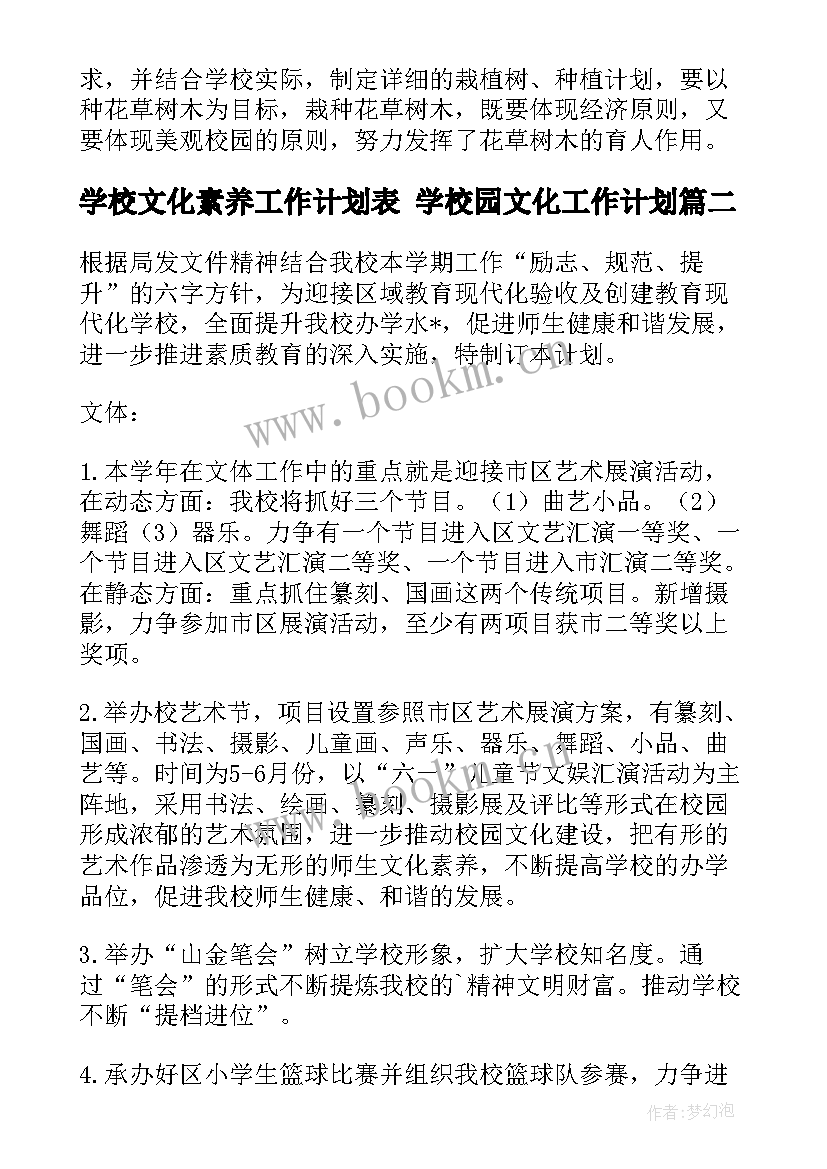 学校文化素养工作计划表 学校园文化工作计划(精选5篇)