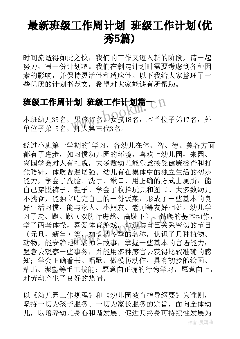 最新班级工作周计划 班级工作计划(优秀5篇)