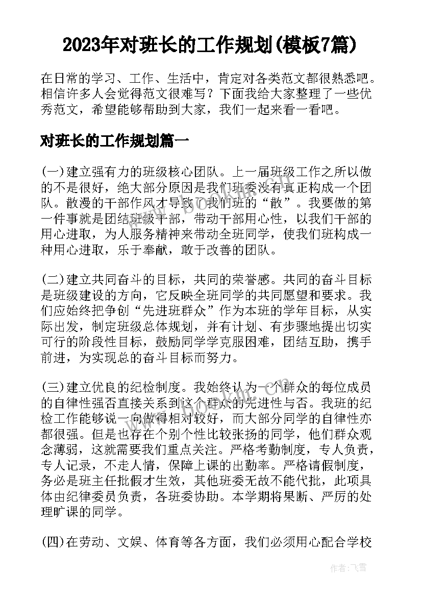 2023年对班长的工作规划(模板7篇)