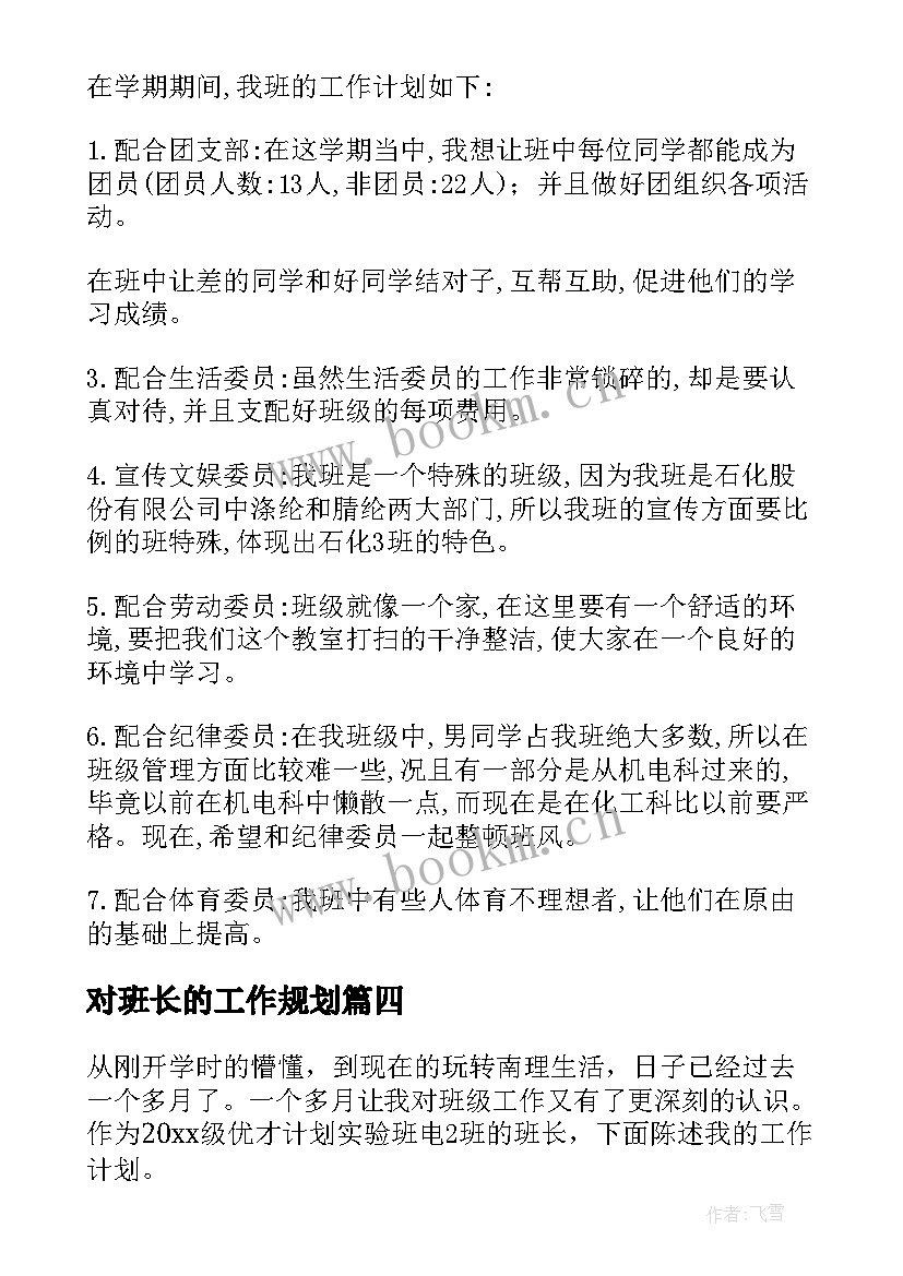 2023年对班长的工作规划(模板7篇)