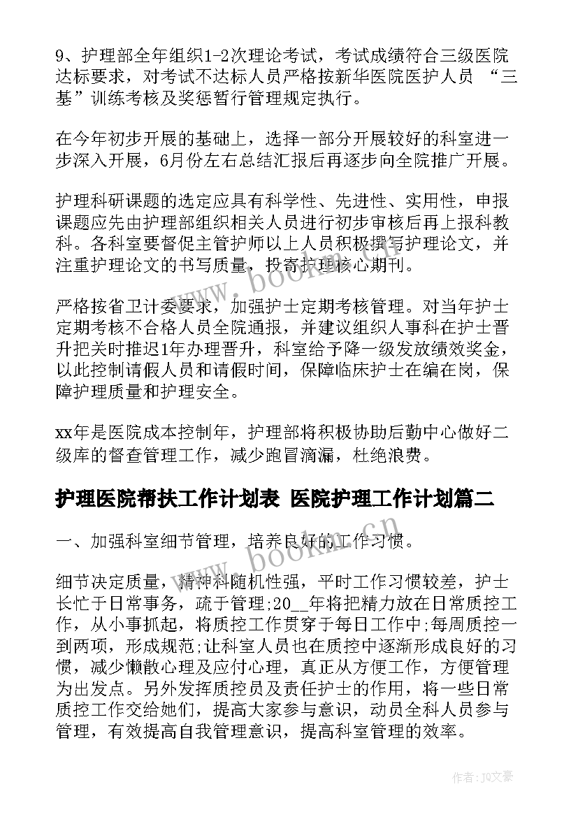 护理医院帮扶工作计划表 医院护理工作计划(通用7篇)