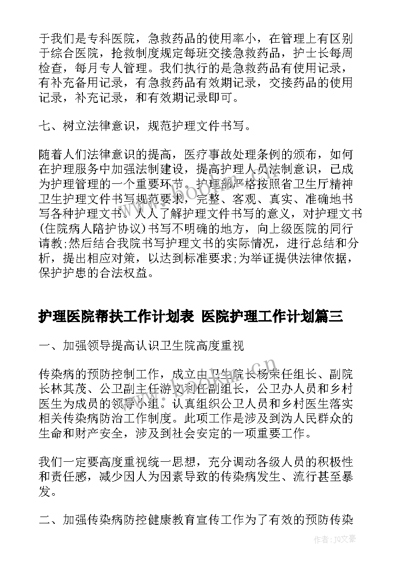 护理医院帮扶工作计划表 医院护理工作计划(通用7篇)