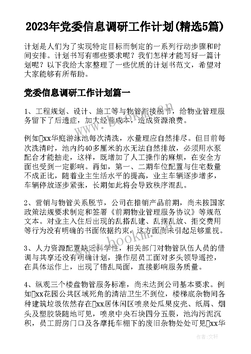 2023年党委信息调研工作计划(精选5篇)