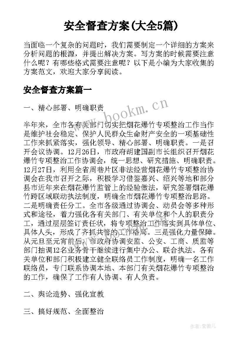 安全督查方案(大全5篇)