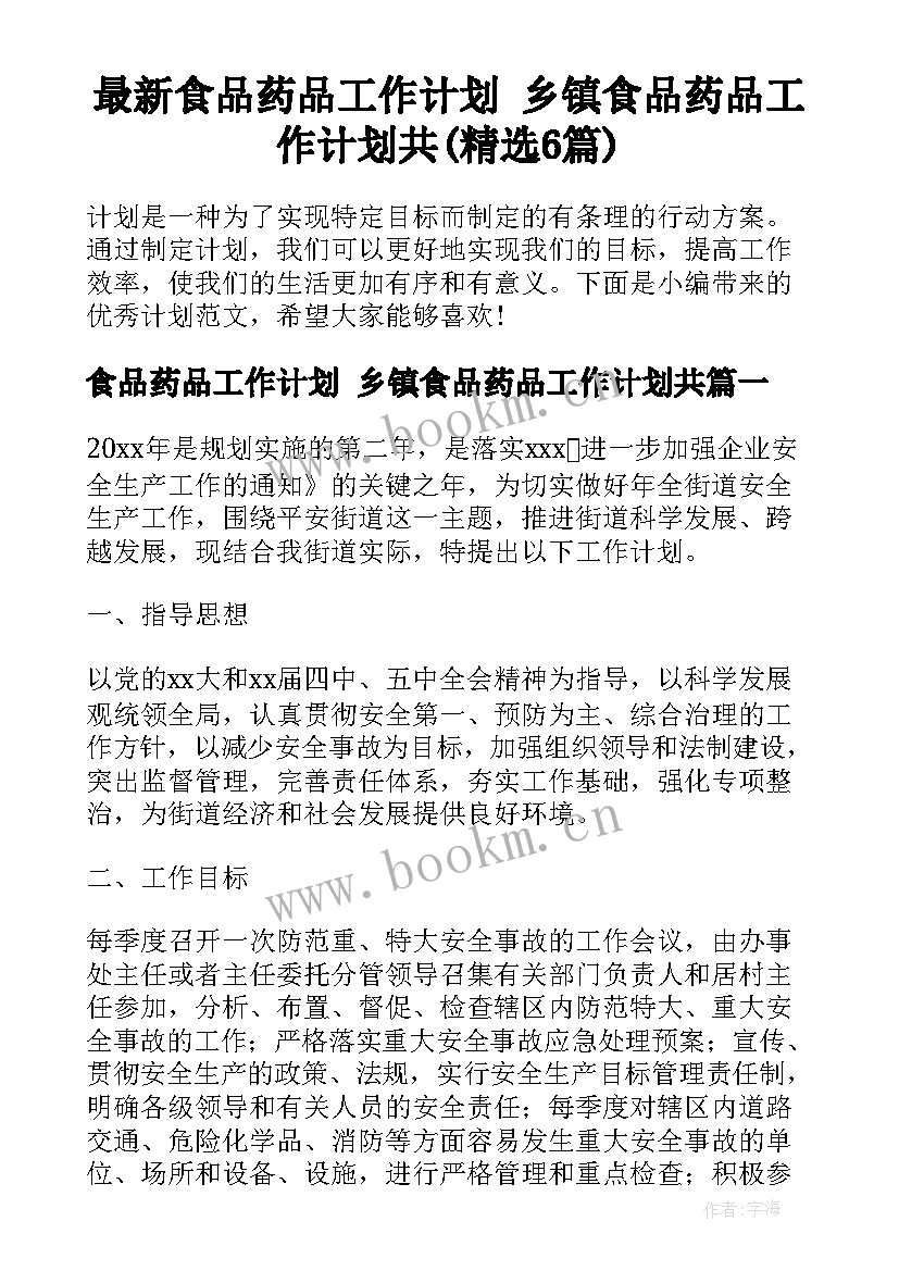 最新食品药品工作计划 乡镇食品药品工作计划共(精选6篇)