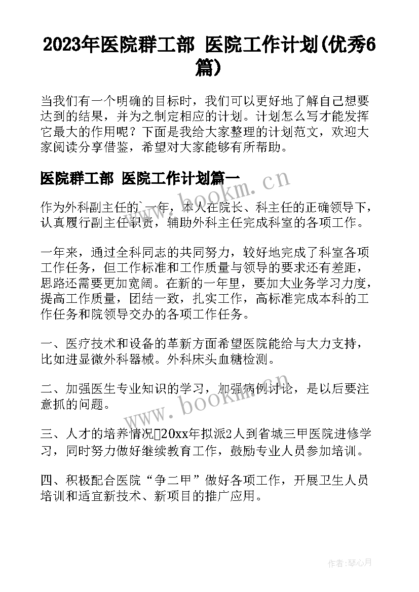 2023年医院群工部 医院工作计划(优秀6篇)