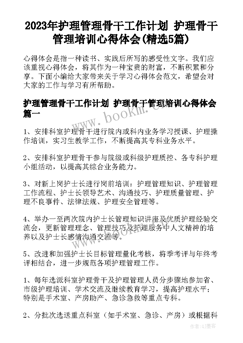 2023年护理管理骨干工作计划 护理骨干管理培训心得体会(精选5篇)