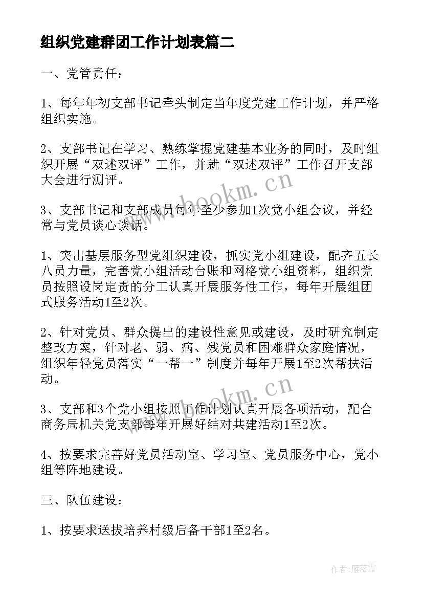 组织党建群团工作计划表(优质5篇)