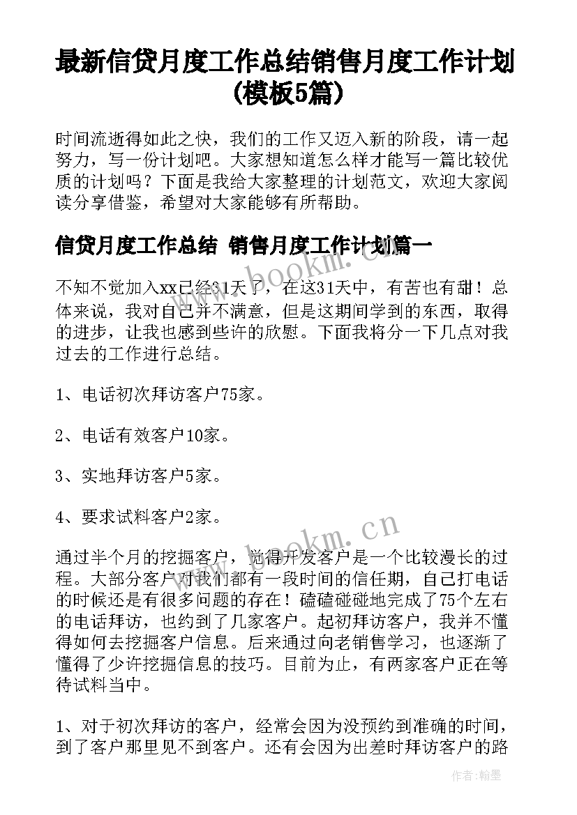 最新信贷月度工作总结 销售月度工作计划(模板5篇)