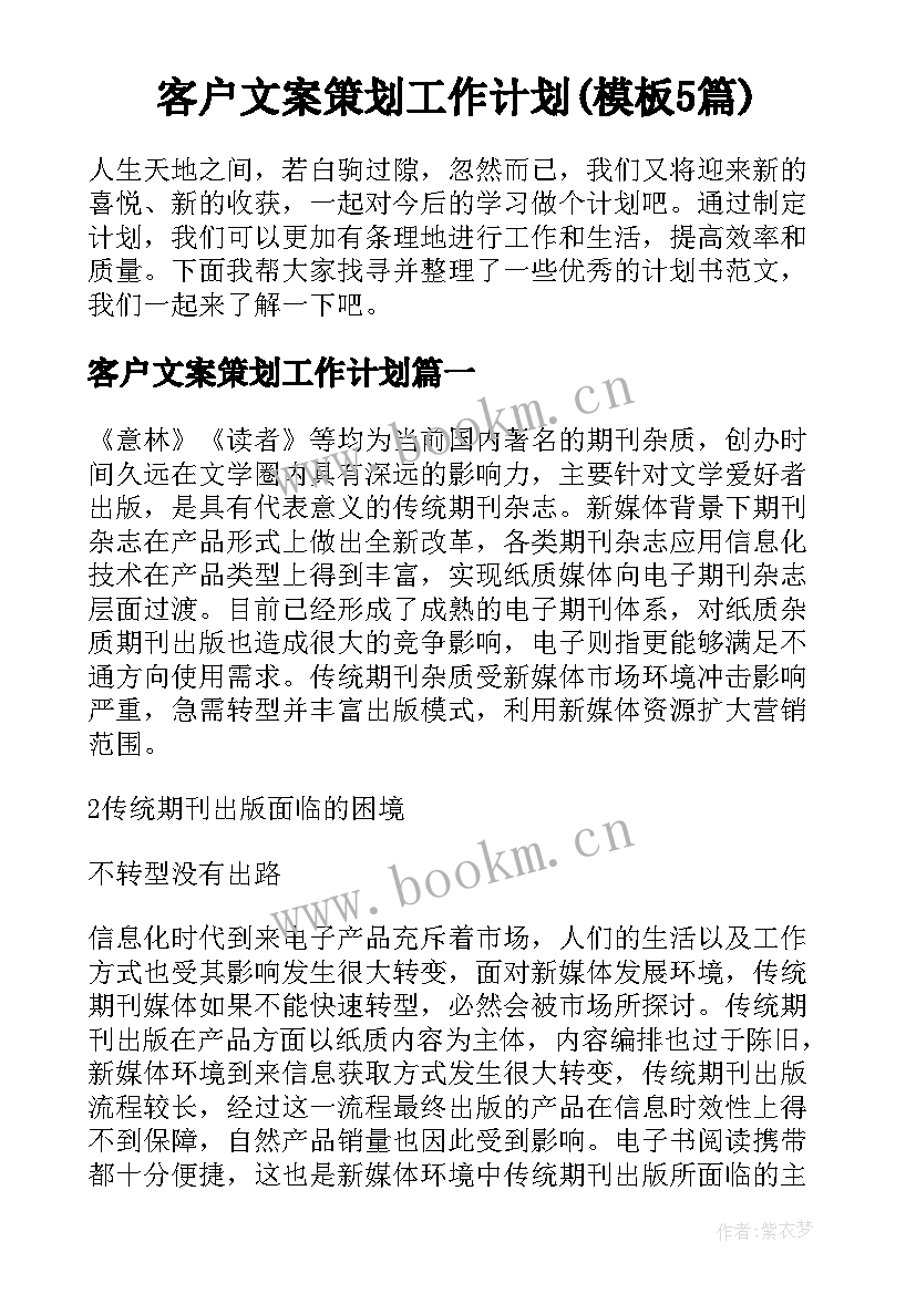 客户文案策划工作计划(模板5篇)