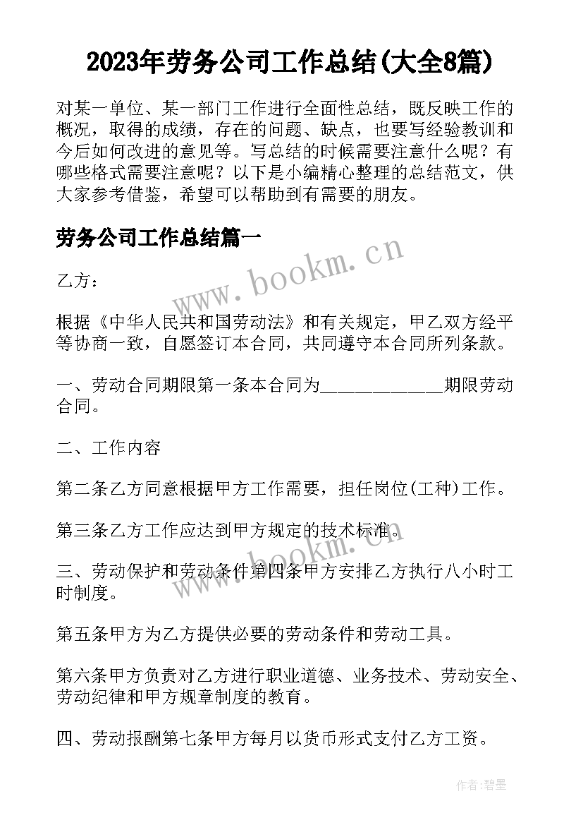 2023年劳务公司工作总结(大全8篇)